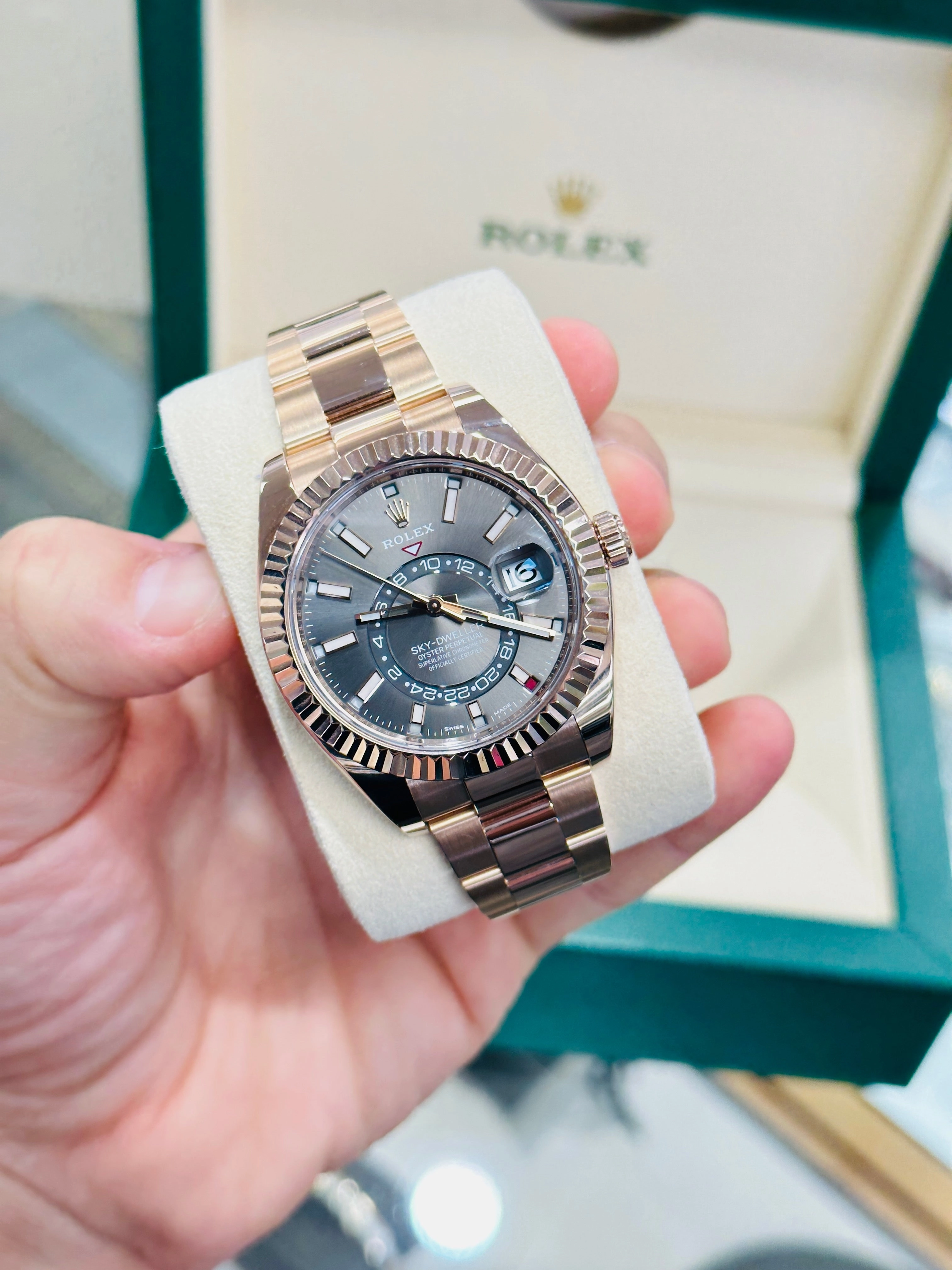 Rolex Sky-Dweller 326935 EverRose Gold Grey Rhodium Dial 42mm MINT Box /Papers