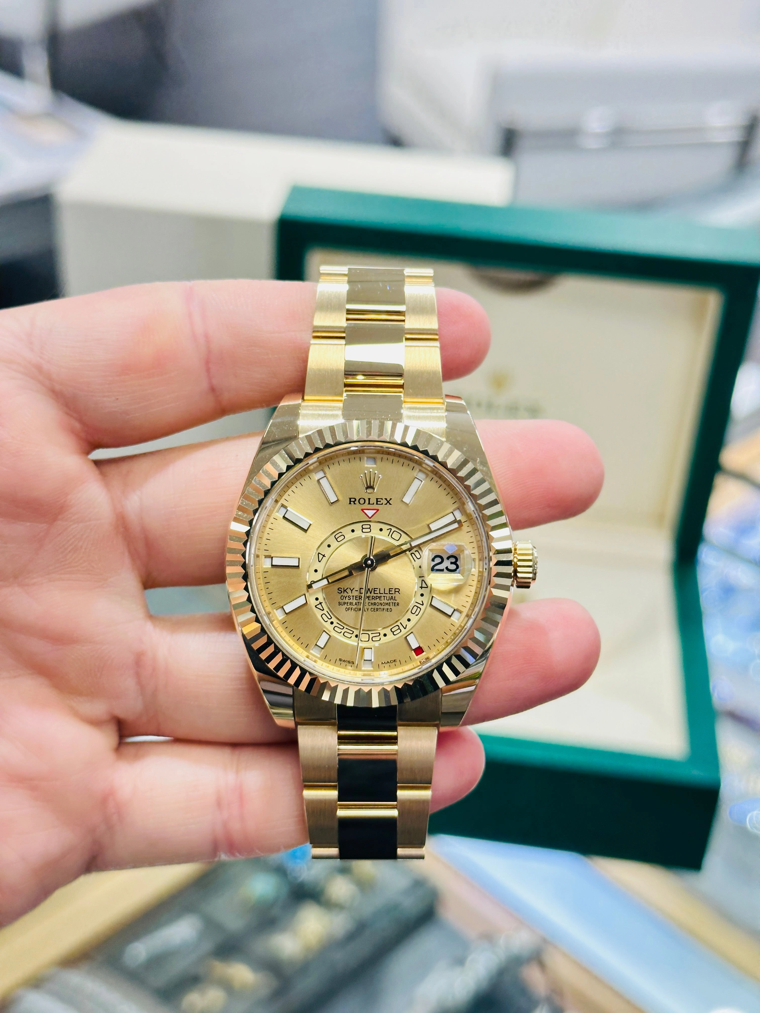 Rolex Sky-Dweller 326938 Yellow Gold Champagne Dial 42 Unworn Box and Papers