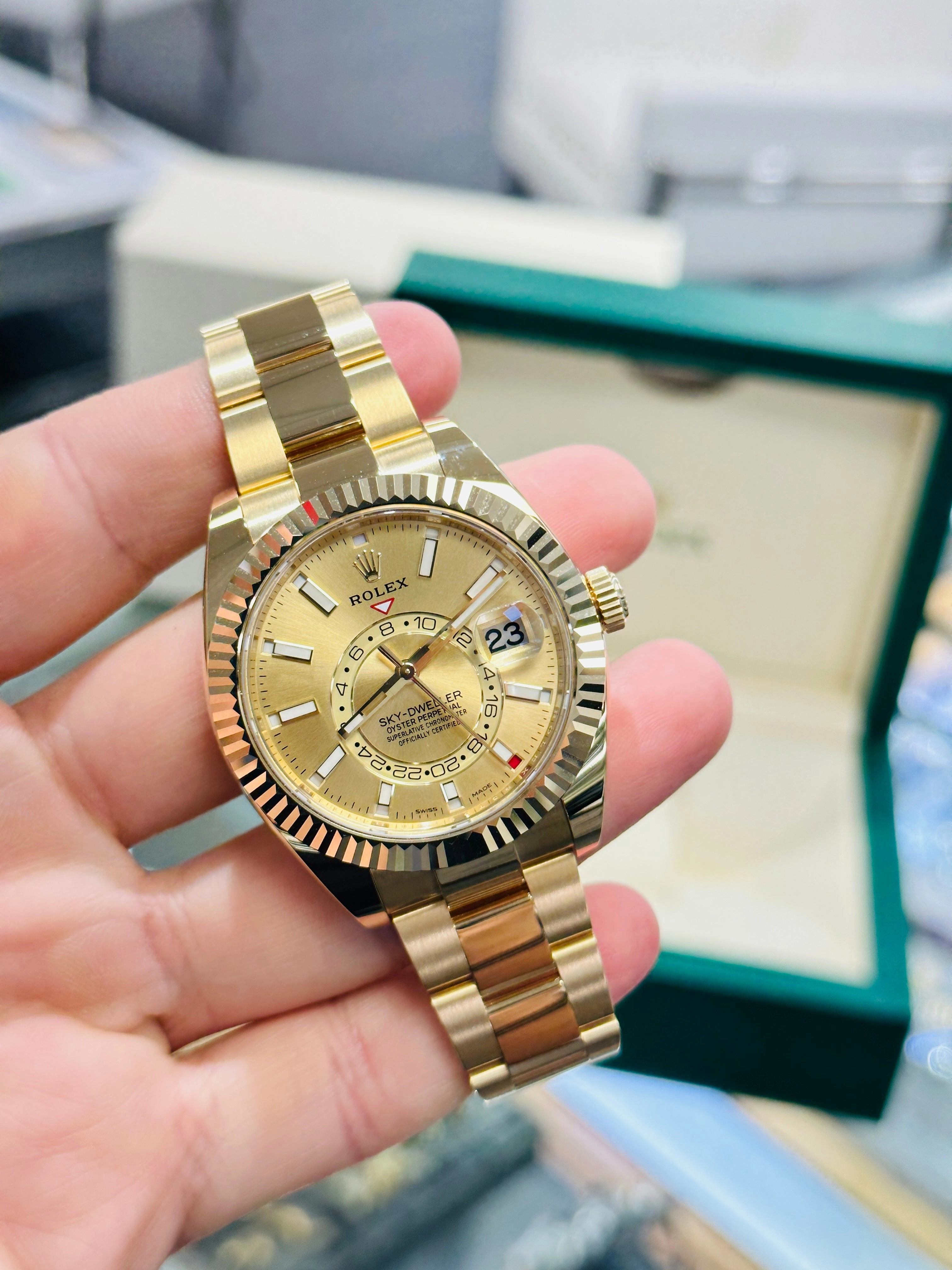 Rolex Sky-Dweller 326938 Yellow Gold Champagne Dial 42 Unworn Box and Papers