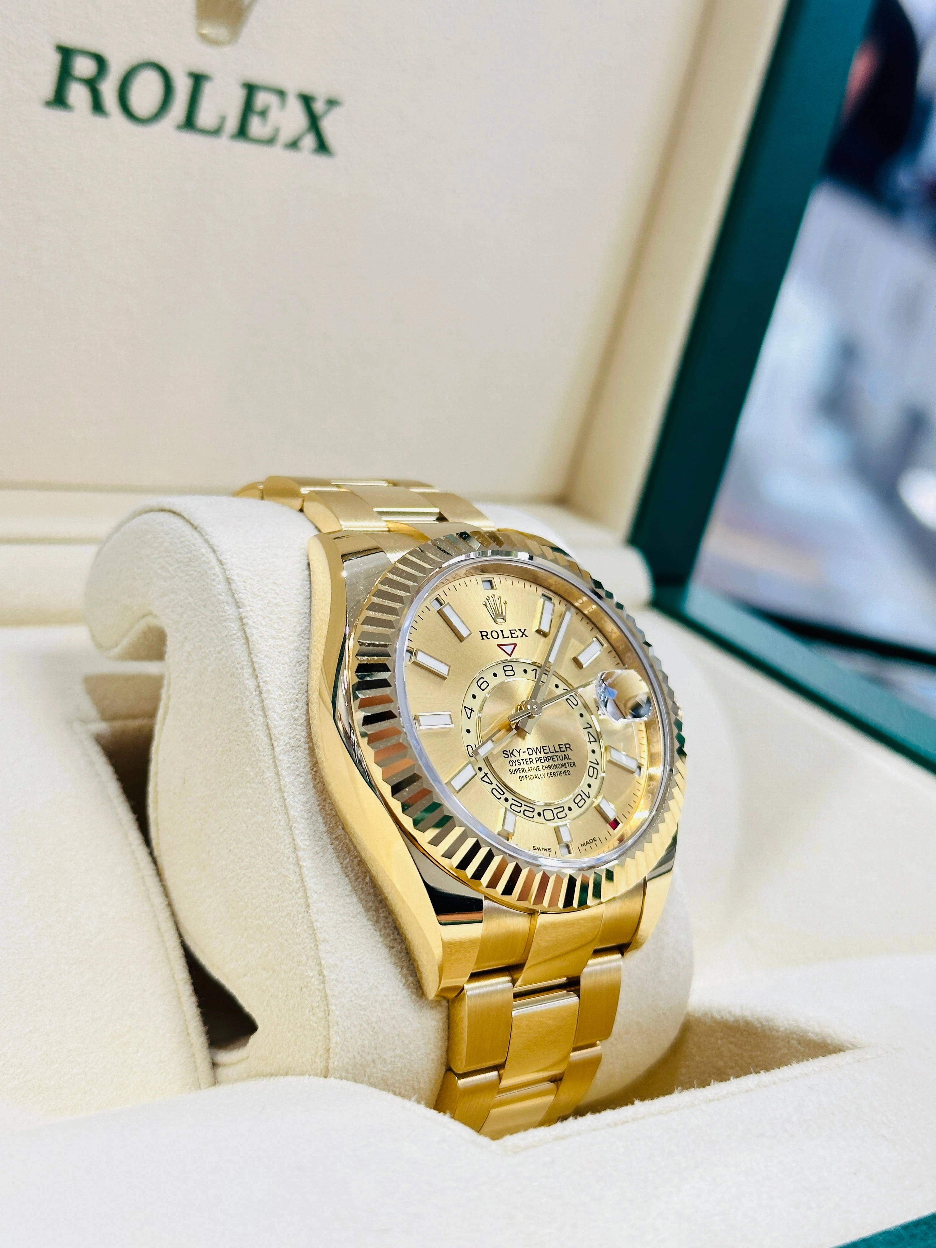 Rolex Sky-Dweller 326938 Yellow Gold Champagne Dial 42 Unworn Box and Papers