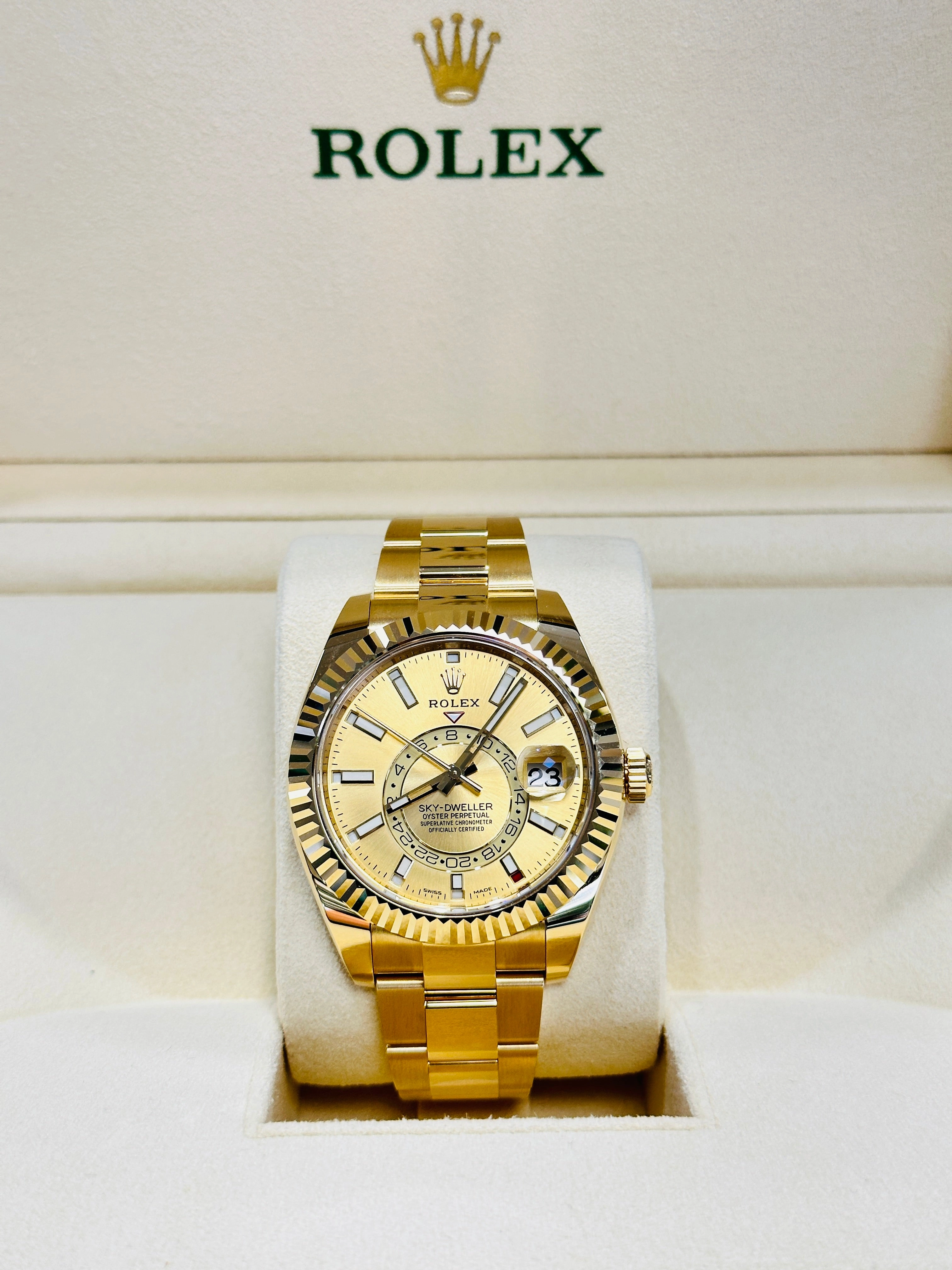 Rolex Sky-Dweller 326938 Yellow Gold Champagne Dial 42 Unworn Box and Papers