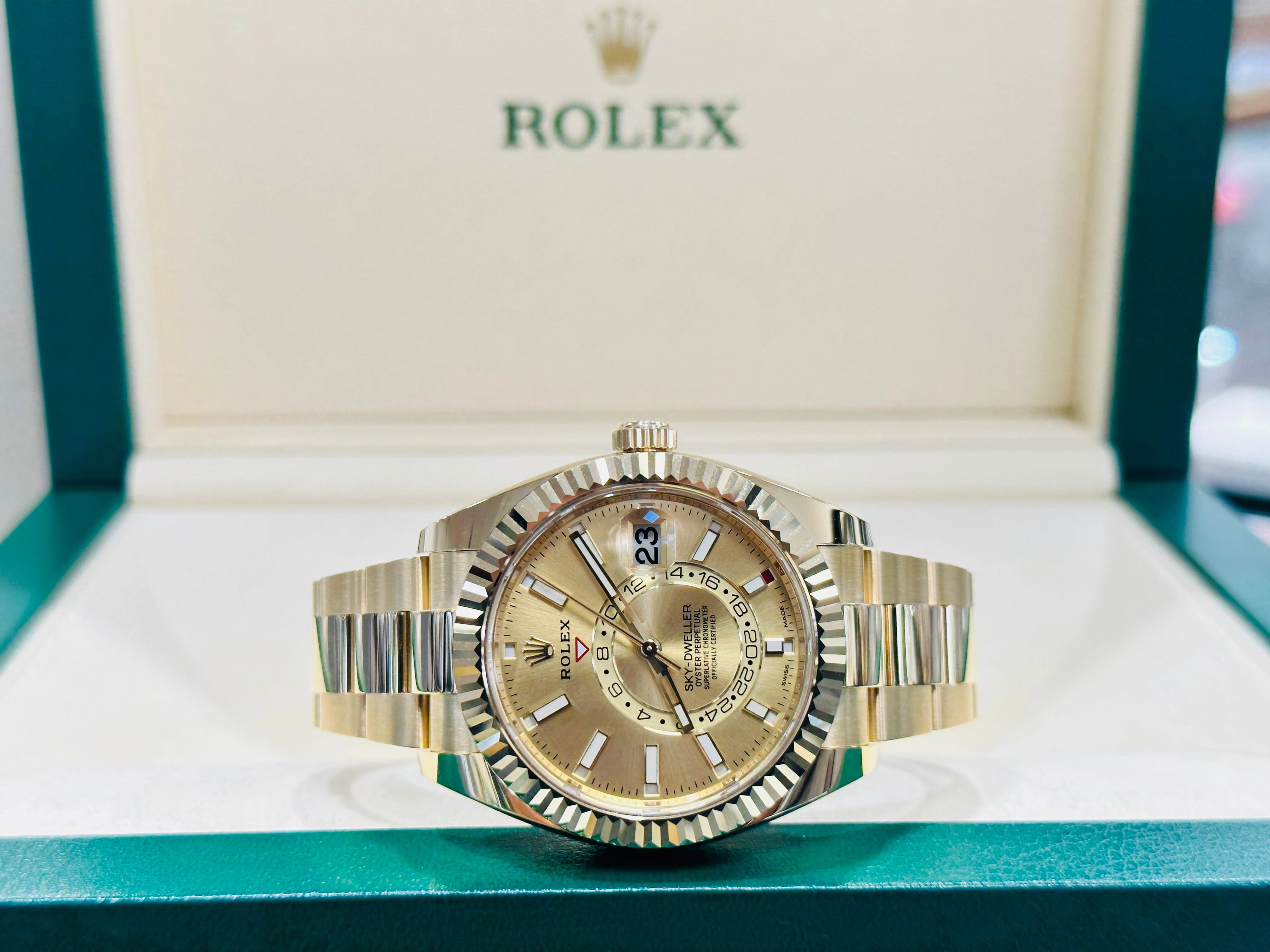 Rolex Sky-Dweller 326938 Yellow Gold Champagne Dial 42 Unworn Box and Papers