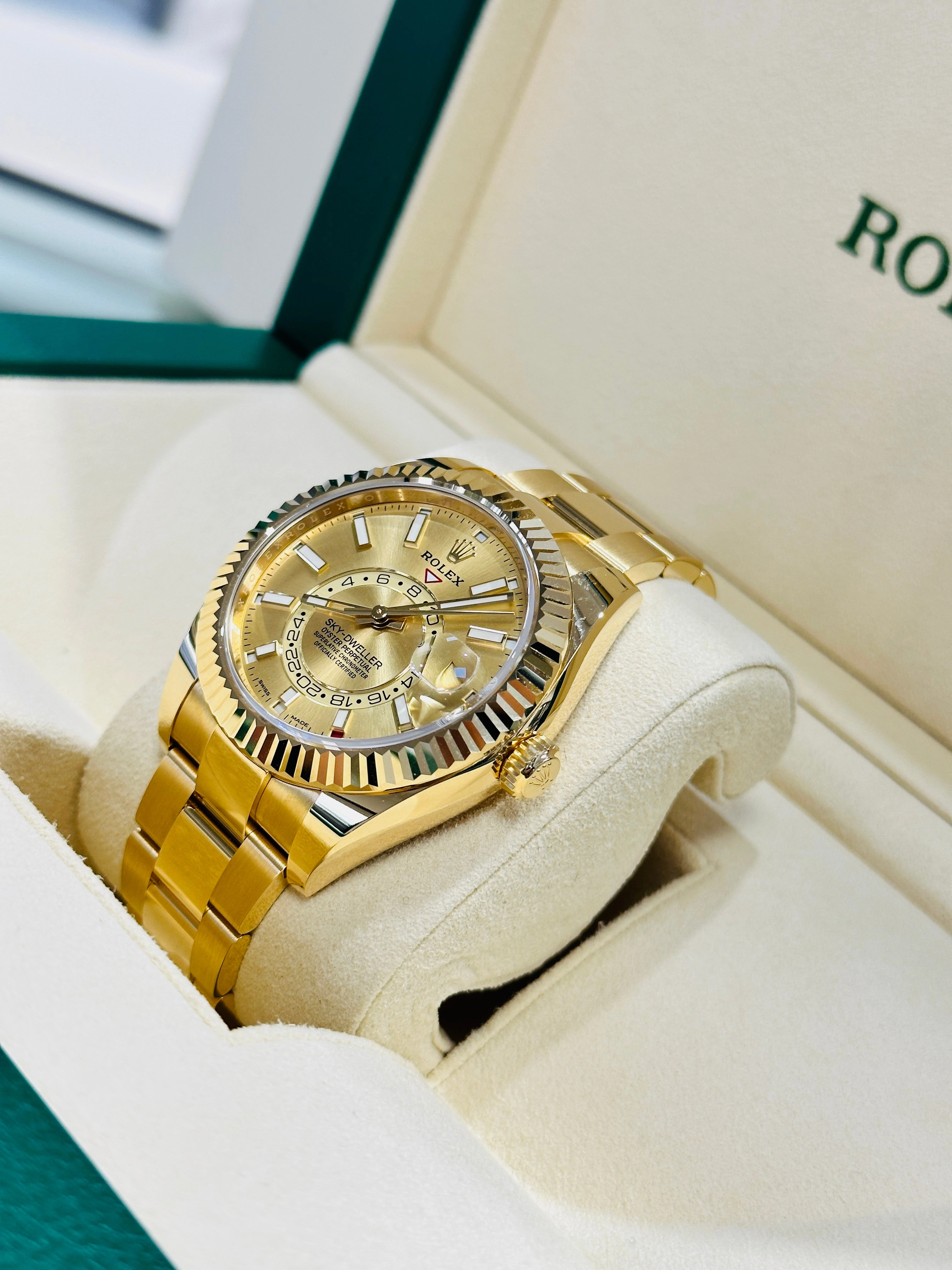 Rolex Sky-Dweller 326938 Yellow Gold Champagne Dial 42 Unworn Box and Papers