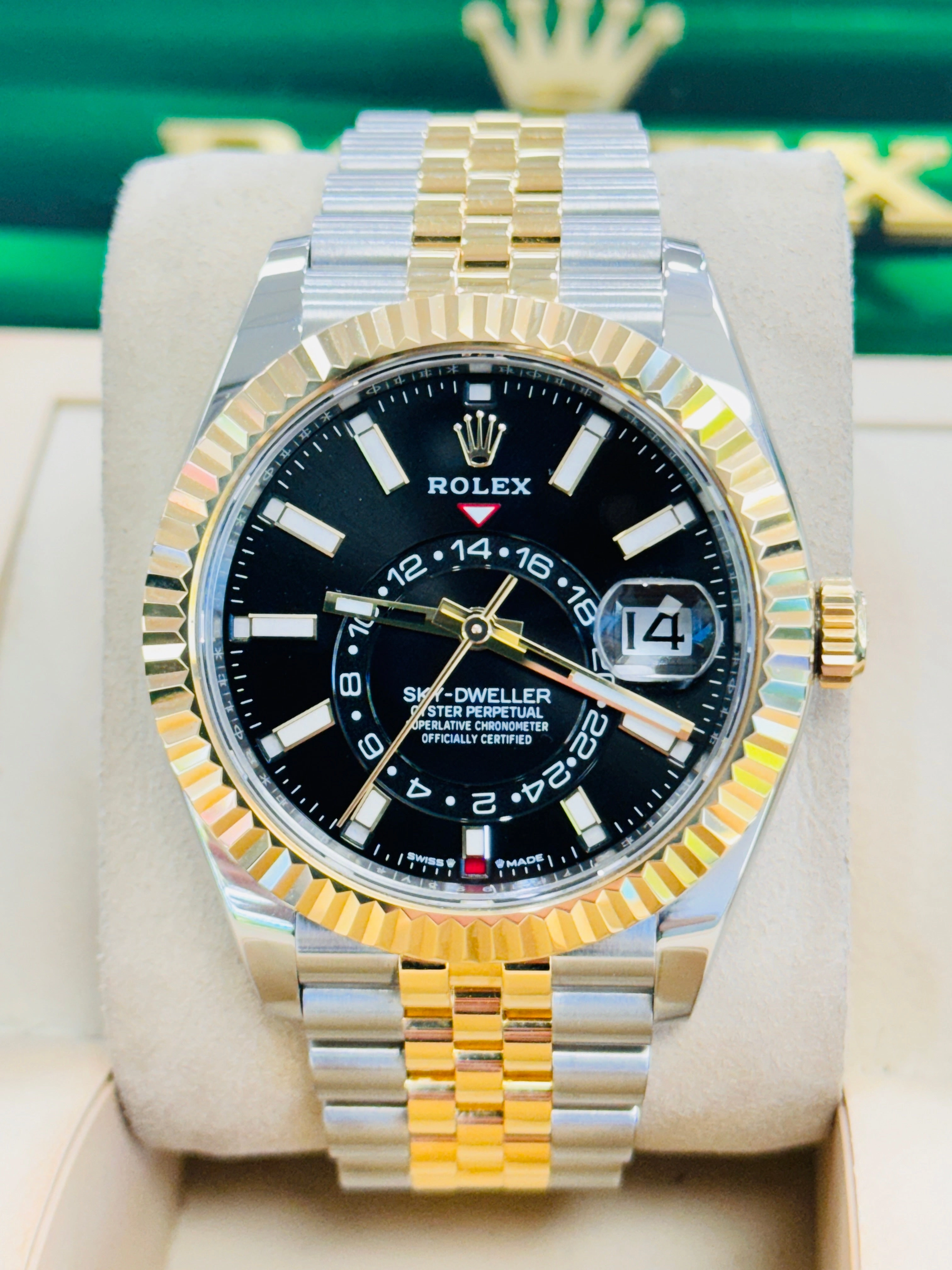 Rolex Sky-Dweller 336933 18K Yellow Gold & Stainless Steel Black Dial Box/Papers MINT