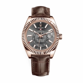 Rolex Sky-Dweller 42mm - Ref: 326135-0008 - Dark Rhodium Stick Dial, 18K Rose Gold & Brown Leather Strap Watch