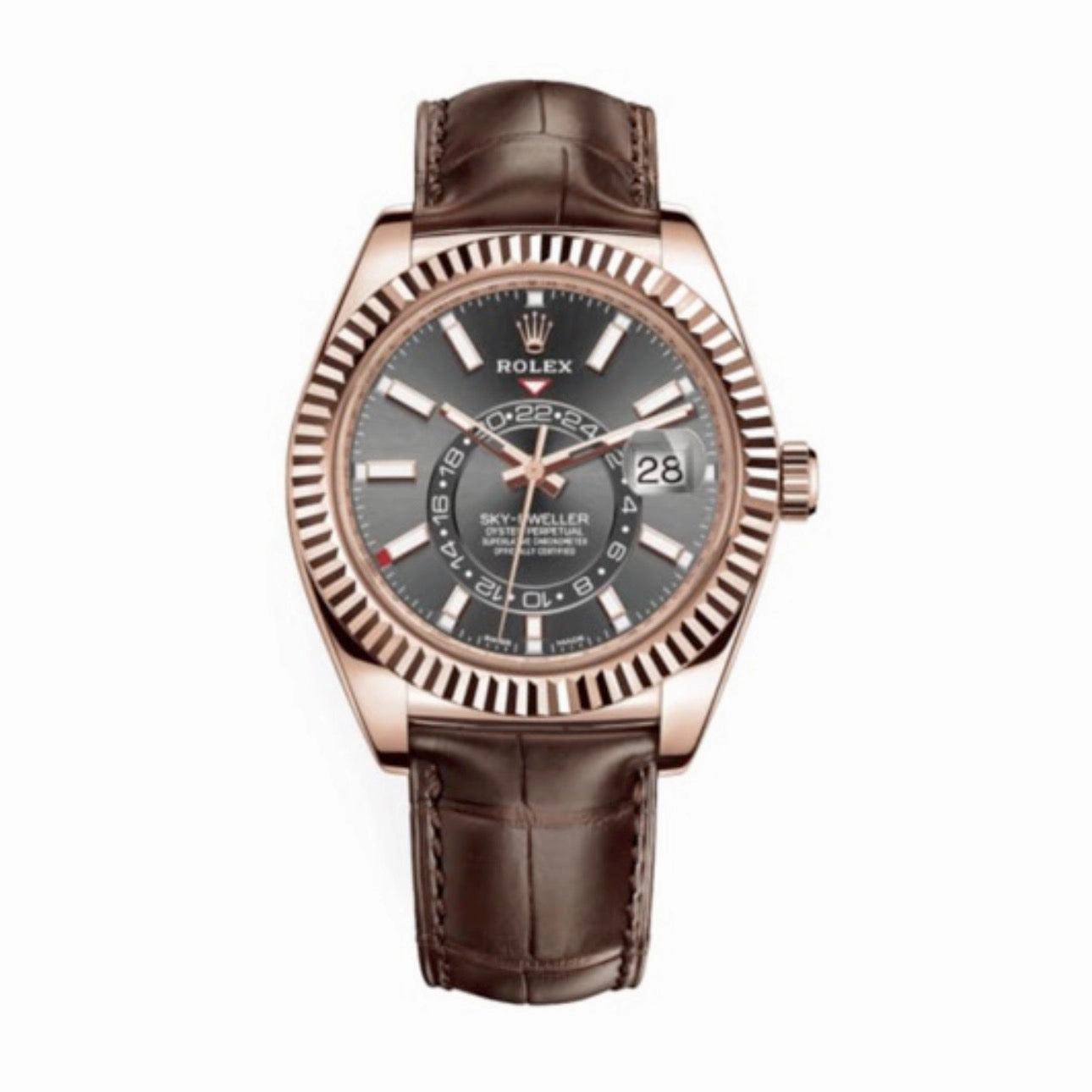 Rolex Sky-Dweller 42mm - Ref: 326135-0008 - Dark Rhodium Stick Dial, 18K Rose Gold & Brown Leather Strap Watch