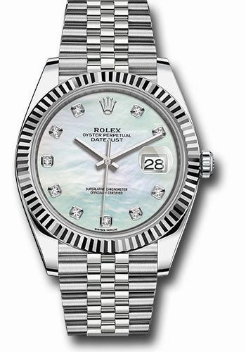 Rolex Steel and White Gold Rolesor Datejust 41 Watch - Fluted Bezel - White Mother-Of-Pearl Diamond Dial - Jubilee Bracelet - 126334 wmdj