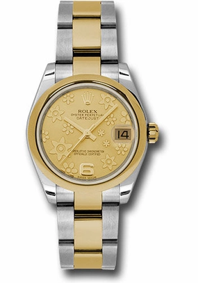 Rolex Steel and Yellow Gold Datejust 31 Watch - Domed Bezel - Champagne Floral Motif Dial - Oyster Bracelet 178243 chfo