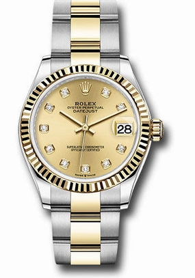 Rolex Steel and Yellow Gold Datejust 31 Watch - Fluted Bezel - Champagne Diamond Dial - Oyster Bracelet 278273 chdo
