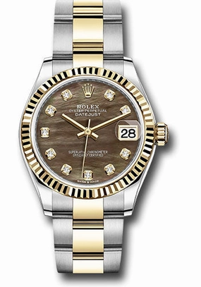 Rolex Steel and Yellow Gold Datejust 31 Watch - Fluted Bezel - Dark Mother-of-Pearl Diamond Dial - Oyster Bracelet 278273 dkmdo