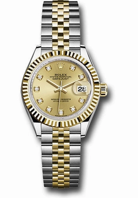 Rolex Steel and Yellow Gold Rolesor Lady-Datejust 28 Watch - Fluted Bezel - Champagne Diamond Dial - Jubilee Bracelet - 279173 chdj