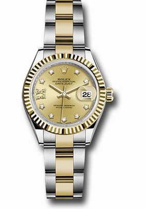 Rolex Steel and Yellow Gold Rolesor Lady-Datejust 28 Watch - Fluted Bezel - Champagne Diamond Star Dial - Oyster Bracelet - 279173 ch9dix8do