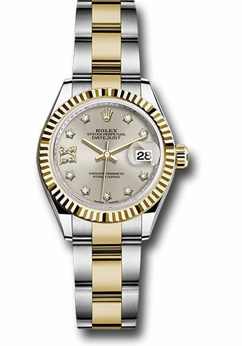 Rolex Steel and Yellow Gold Rolesor Lady-Datejust 28 Watch - Fluted Bezel - Silver Diamond Star Dial - Oyster Bracelet - 279173 s9dix8do