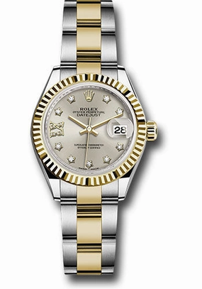 Rolex Steel and Yellow Gold Rolesor Lady-Datejust 28 Watch - Fluted Bezel - Silver Diamond Star Dial - Oyster Bracelet - 279173 s9dix8do