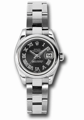 Rolex Steel Lady-Datejust 26 Watch - Domed Bezel - Black Sunbeam Roman Dial - Oyster Bracelet - 179160 bksbro