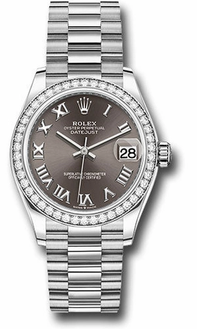 Rolex White Gold Datejust 31 Watch - Diamond Bezel - Dark Grey Roman Dial - President Bracelet 278289rbr dkgrp