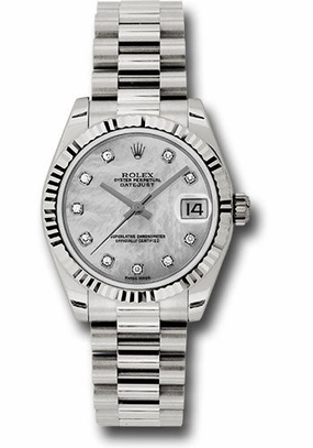 Rolex White Gold Datejust 31 Watch - Fluted Bezel - Mother-Of-Pearl Diamond Dial - President Bracelet 178279 mdp
