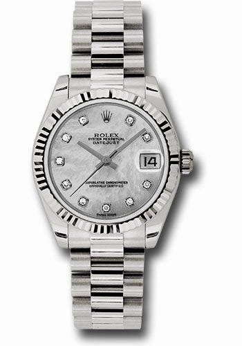 Rolex White Gold Datejust 31 Watch - Fluted Bezel - Mother-Of-Pearl Diamond Dial - President Bracelet 178279 mdp