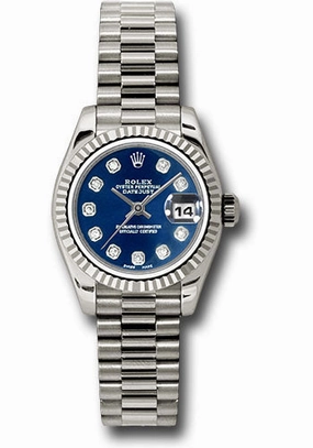 Rolex White Gold Lady-Datejust 26 Watch - Fluted Bezel - Blue Diamond Dial - President Bracelet - 179179 bdp