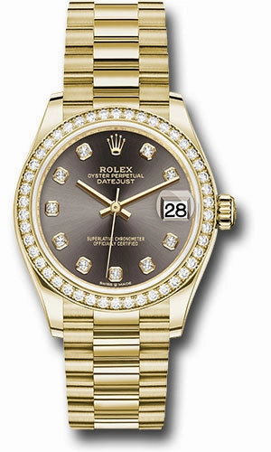 Rolex Yellow Gold Datejust 31 Watch - Diamond Bezel - Dark Grey Diamond Dial - President Bracelet 278288RBR dkgdp
