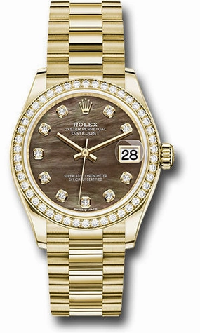 Rolex Yellow Gold Datejust 31 Watch - Diamond Bezel - Dark Mother-of-Pearl Diamond Dial - President Bracelet 278288RBR dkmdp