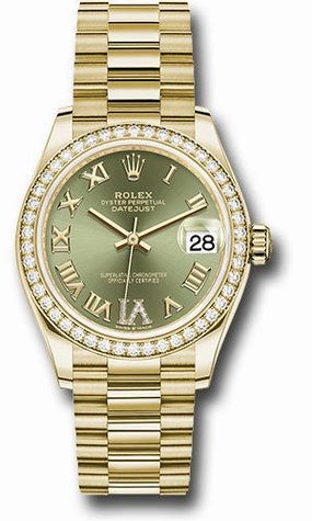Rolex Yellow Gold Datejust 31 Watch - Diamond Bezel - Olive Green Diamond Six Dial - President Bracelet 278288RBR ogdr6p