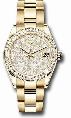 Rolex Yellow Gold Datejust 31 Watch - Diamond Bezel - Paved Mother-of-Pearl Butterfly Dial - Oyster Bracelet 278288RBR pmopbo