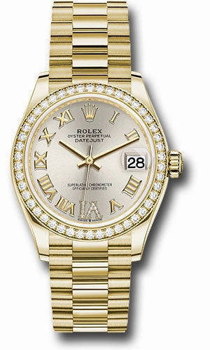 Rolex Yellow Gold Datejust 31 Watch - Diamond Bezel - Silver Diamond Six Dial - President Bracelet 278288RBR sdr6p