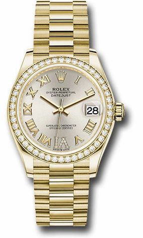 Rolex Yellow Gold Datejust 31 Watch - Diamond Bezel - Silver Diamond Six Dial - President Bracelet 278288RBR sdr6p