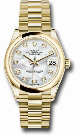 Rolex Yellow Gold Datejust 31 Watch - Domed Bezel - Mother-of-Pearl Diamond Dial - President Bracelet 278248 mdp