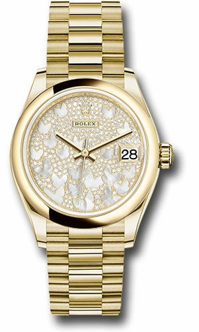 Rolex Yellow Gold Datejust 31 Watch - Domed Bezel - Paved Mother-of-Pearl Butterfly Dial - President Bracelet 278248 pmopbp