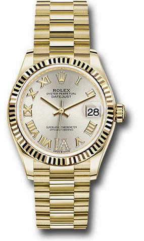 Rolex Yellow Gold Datejust 31 Watch - Fluted Bezel - Silver Diamond Six Dial - President Bracelet 278278 sdr6p