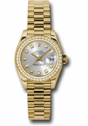 Rolex Yellow Gold Lady-Datejust 26 Watch - 42 Diamond Bezel - Silver Diamond Dial - President Bracelet - 179138 sdp