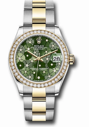 Rolex Yellow Rolesor Datejust 31 Watch - Diamond Bezel - Olive Green Floral Motif Diamond 6 Dial - Oyster Bracelet 278383rbr ogflomdo
