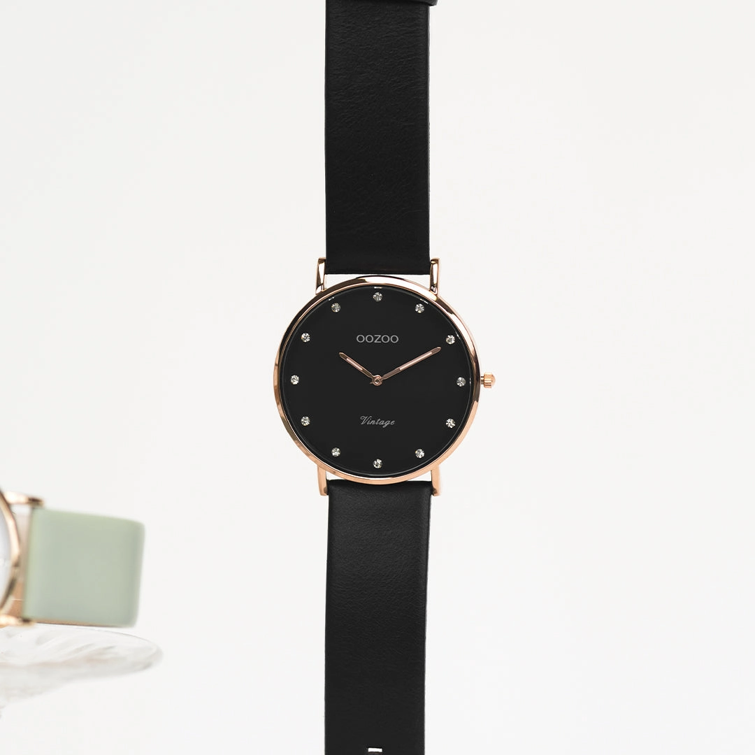 Rose gold coloured OOZOO watch with black leather strap - C20249