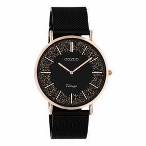 Rose gold coloured OOZOO watch with black metal mesh bracelet - C20142