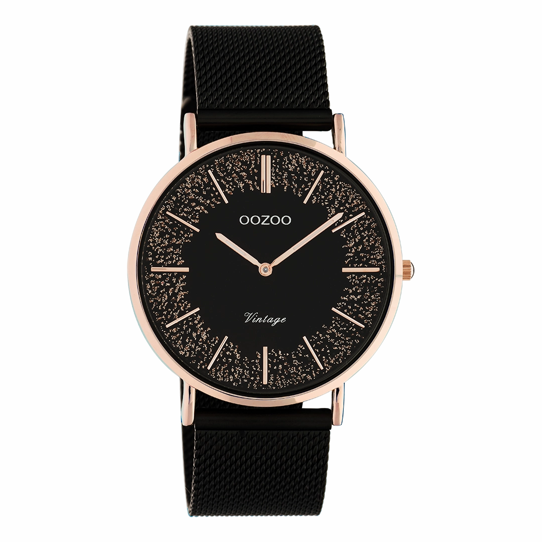 Rose gold coloured OOZOO watch with black metal mesh bracelet - C20142