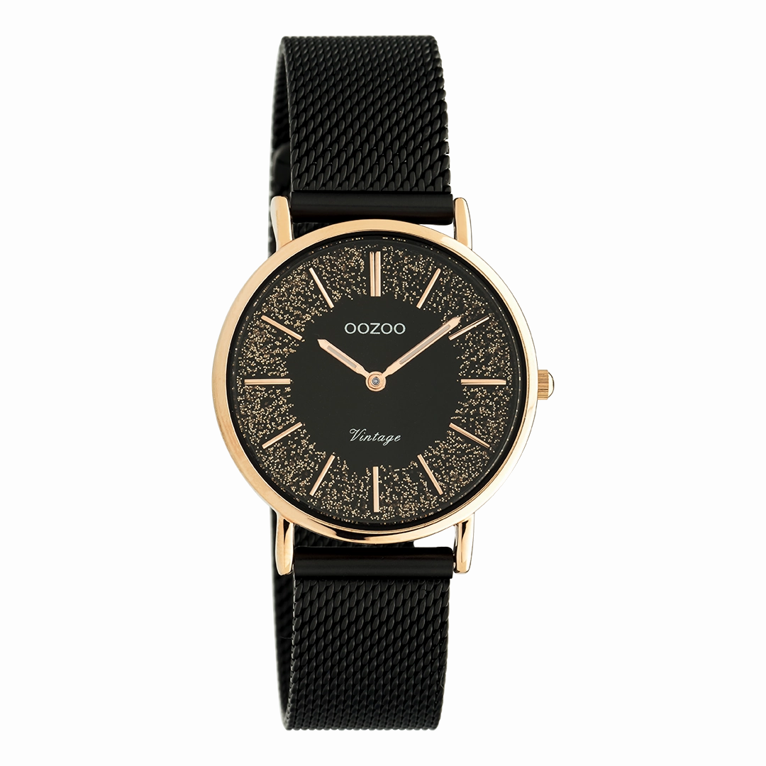 Rose gold coloured OOZOO watch with black metal mesh bracelet - C20143