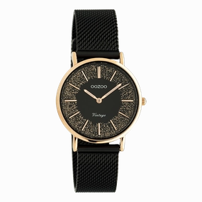 Rose gold coloured OOZOO watch with black metal mesh bracelet - C20143
