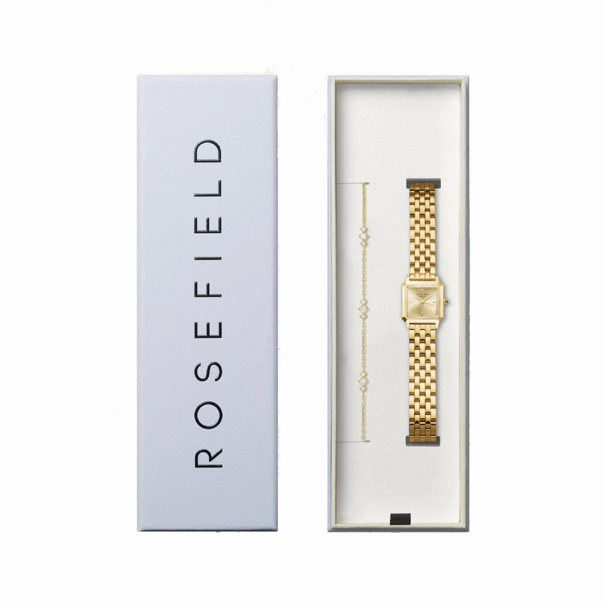 Rosefield Boxelle Gold Dial Stainless Steel Watch and Crystal Detailed Bracelet BCGTC-X284
