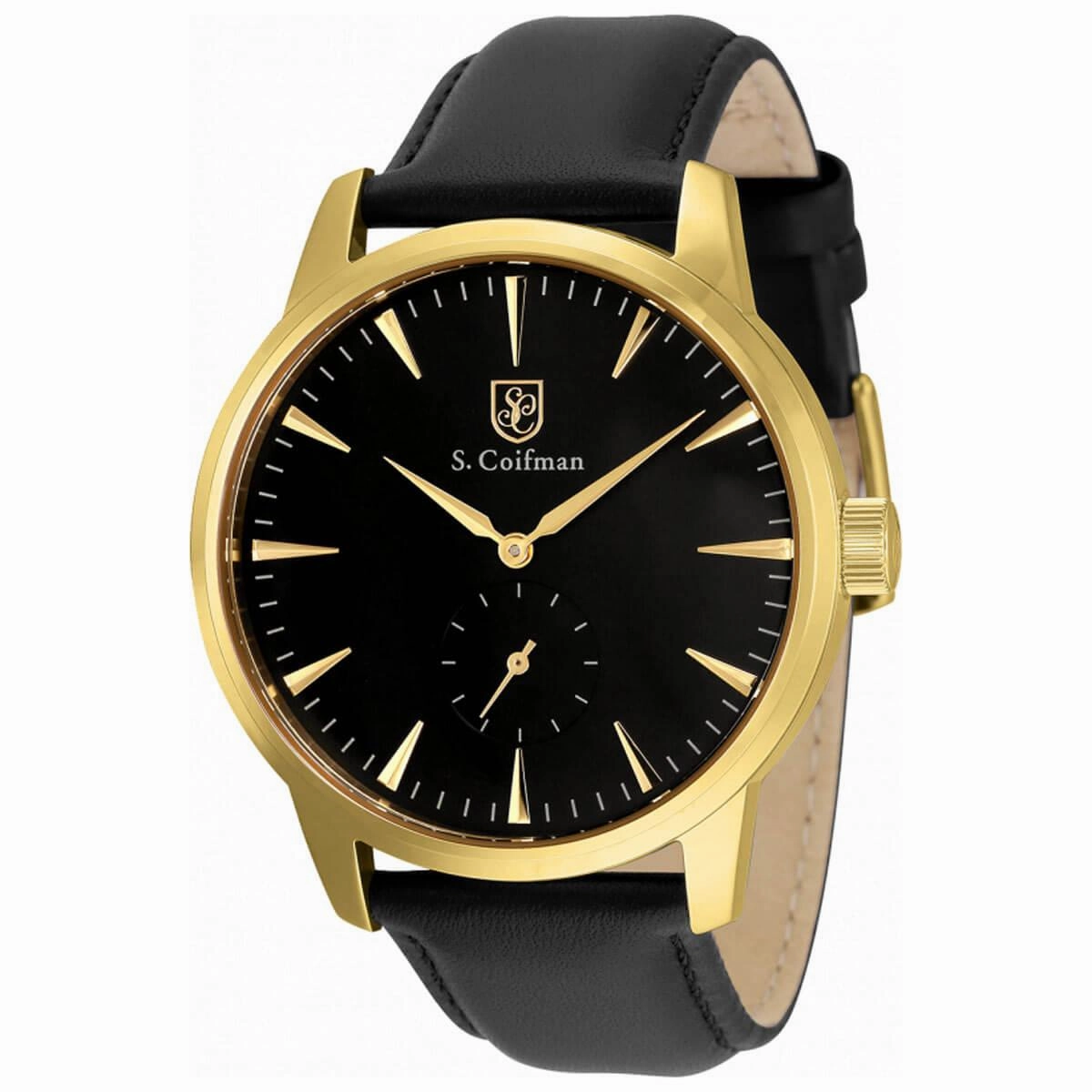 S. Coifman Men's Watch - Quartz Yellow Gold Case Black Dial Leather Strap | SC0515