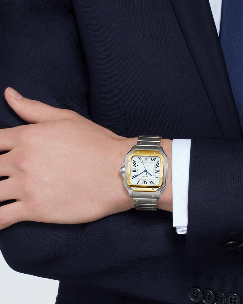 SANTOS DE CARTIER, LARGE, AUTOMATIC, YELLOW GOLD AND STEEL, INTERCHANGEABLE METAL AND LEATHERS BRACELETS