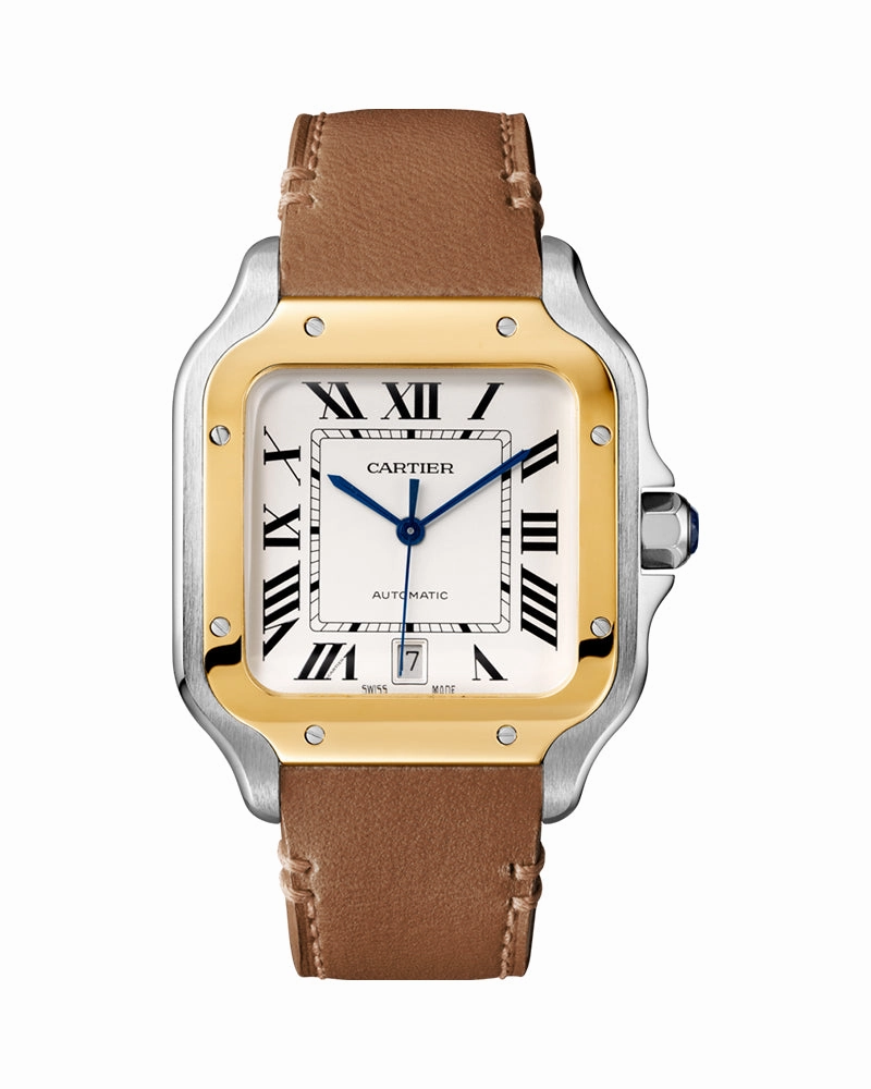 SANTOS DE CARTIER, LARGE, AUTOMATIC, YELLOW GOLD AND STEEL, INTERCHANGEABLE METAL AND LEATHERS BRACELETS
