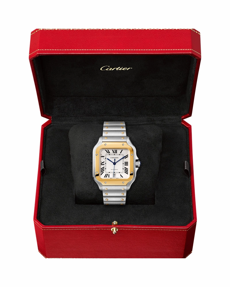SANTOS DE CARTIER, LARGE, AUTOMATIC, YELLOW GOLD AND STEEL, INTERCHANGEABLE METAL AND LEATHERS BRACELETS