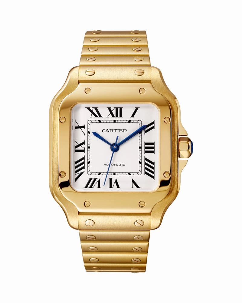 SANTOS DE CARTIER, MEDIUM, AUTOMATIC, YELLOW GOLD, INTERCHANGEABLE METAL AND LEATHER BRACELETS
