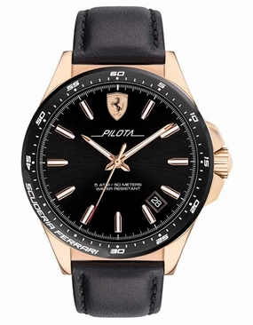 Scuderia Ferrari Pilota Mens Watch - Rose Gold-Tone - Date - Black Leather Strap