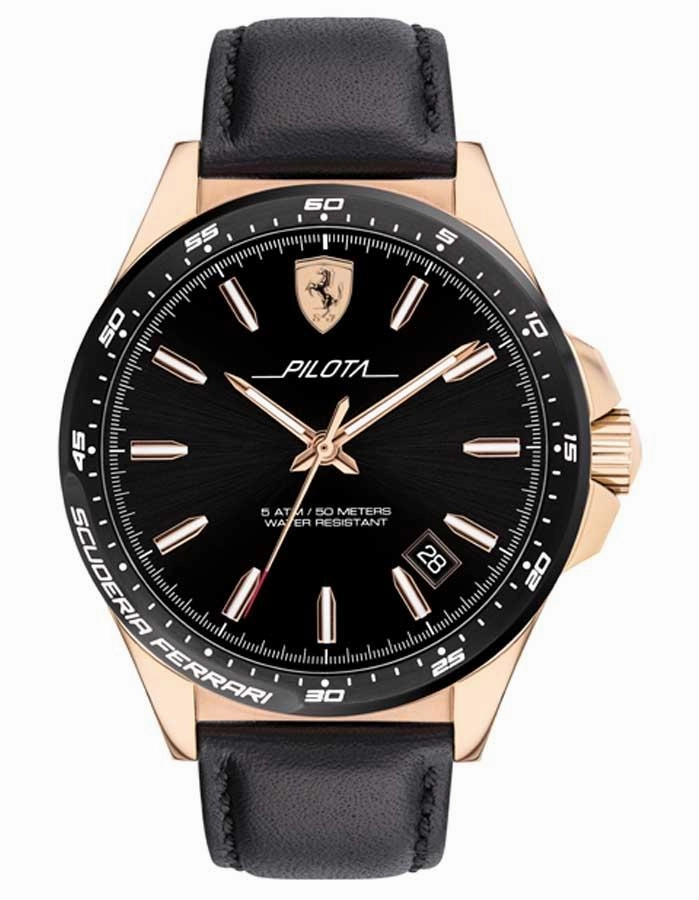 Scuderia Ferrari Pilota Mens Watch - Rose Gold-Tone - Date - Black Leather Strap