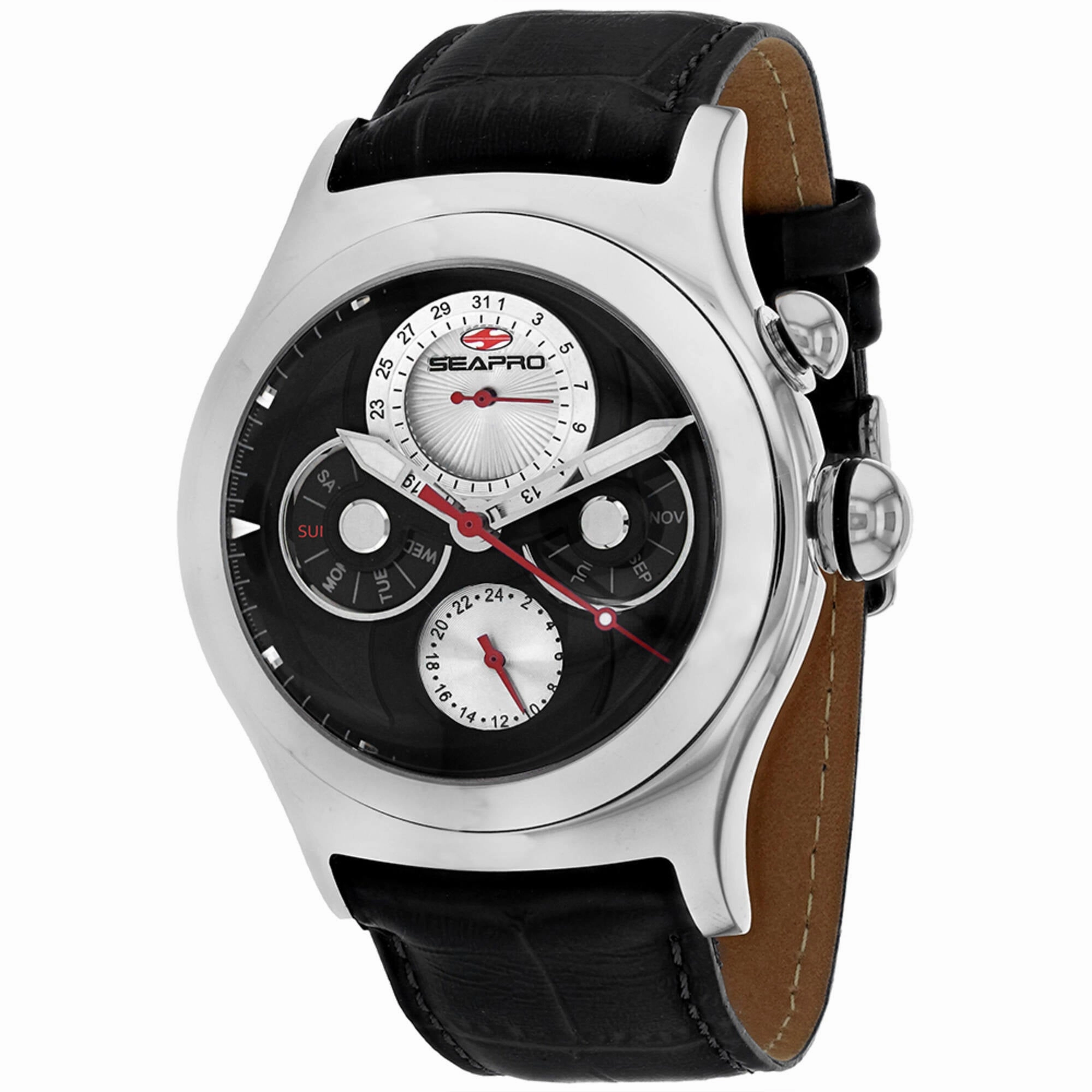 Seapro Men's Watch - Chronoscope Silver Tone Case Black Dial Leather Strap | SP0131