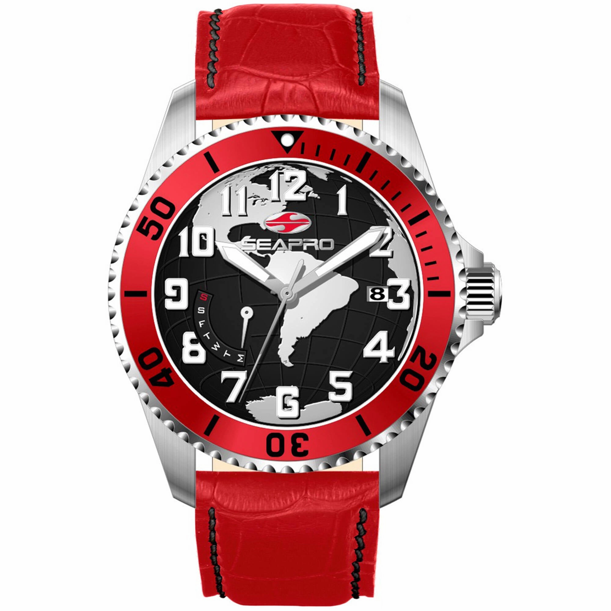 Seapro Men's Watch - Voyager Silver Tone Case Black Dial Red Leather Strap | SP2741