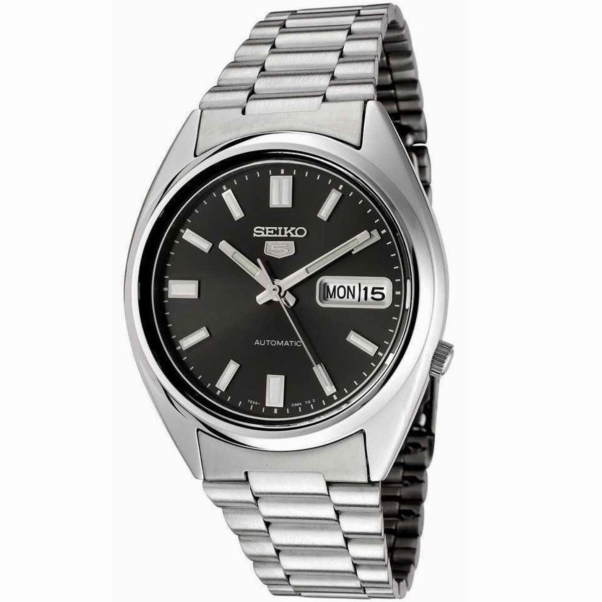 Seiko Men's Automatic Watch - Series 5 Day-Date Black Dial Steel Bracelet | SNXS79K1